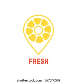 lemon icon like map pin. concept of nutrition, citric, pointer, search, find bar, freshness, plant, cafe spot. isolated on white background. flat style trend modern brand design vector illustration