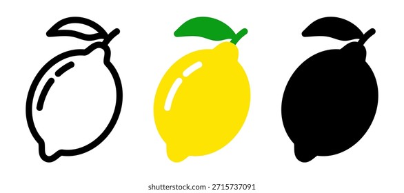 Lemon icon in outline and flat cartoon style with silhouette. Vector illustration featuring playful flat lemon design. Clean graphic symbol isolated.