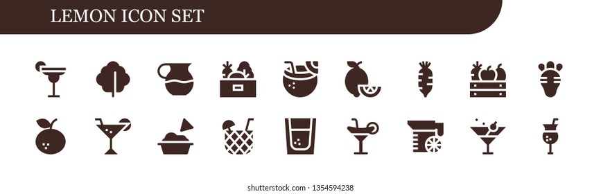 lemon icon set. 18 filled lemon icons.  Simple modern icons about  - Cocktail, Lettuce, Juice, Vegetables, Coconut drink, Lemons, Radish, Fruit, Tangerine, Guacamole, Tequila