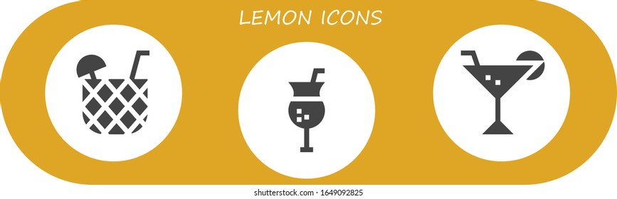 lemon icon set. 3 filled lemon icons. Included Cocktail icons