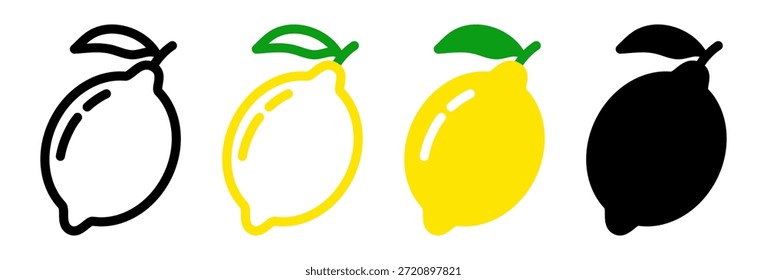 Zitronensymbol in Schwarz-Weiß und farbigen Umriss. Flache Vektorgrafik Zitronen- und Vollsilhouetten-Versionen. Grafische Symbole einzeln säubern...