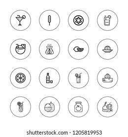 Lemon icon set. collection of 16 outline lemon icons with aromatherapy, cocktail, coconut drink, corndog, fruit, juice, lemon, lemonade, lychee, squeezer, vegetables icons.