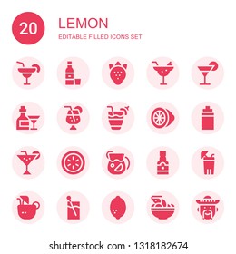 lemon icon set. Collection of 20 filled lemon icons included Margarita, Tequila, Strawberry, Cocktail, Juice, Lemon, Isotonic, Cucumber, Lemonade, Coconut drink, Tom yum, Mexican