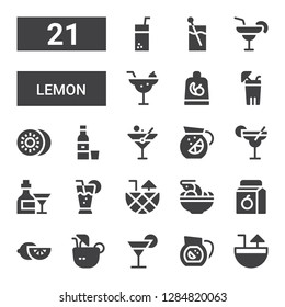 lemon icon set. Collection of 21 filled lemon icons included Cocktail, Sangria, Coconut drink, Lemon, Juice, Tom yum, Lemonade, Martini, Tequila, Kiwi, Fruit, Margarita