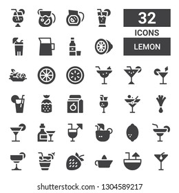 lemon icon set. Collection of 32 filled lemon icons included Cocktail, Citrus juicer, Strawberry, Margarita, Lemon, Coconut drink, Cocktails, Leek, Martini, Juice, Lemonade, Cucumber