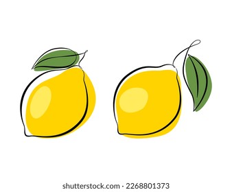 Lemon Icon set, collection fresh cut out lemon fruits isolated on white background. Fresh citrus with green leaf, sour fresh fruit, bright yellow peel. Outline with colored spots.