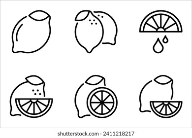 Juego de iconos de limón. Frutas de limón fresco en temporada de verano. Ilustración vectorial de frutas de verano sobre fondo blanco