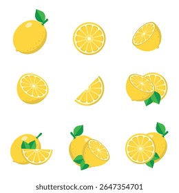 Lemon Icon Set – Fresh Yellow Citrus Fruit Slice Vector Illustration for Healthy Food and Drink