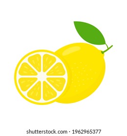 Lemon icon set. Fruit citrus with pieces or slices. Vitamin C. Vector illustration isolated on white.