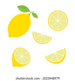 Lemon icon set, illustration on white background. Whole fruit and cut into pieces. citrus.