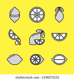 Lemon icon set. Minimalist outline symbol with dotted fill, yellow background. Simple flat vector of fresh fruit. Lime, lemonade, oranges, citrus and leaves. Various shapes of whole objects and slices