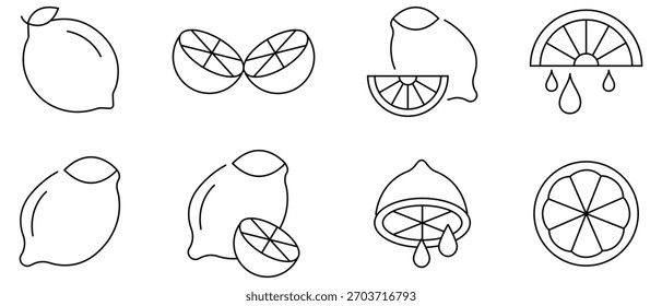 Lemon icon set. Vector Art Lemon slice Icon. Lemon linear vector outline, lime farm fruit citrus line icons set. Vector illustration.