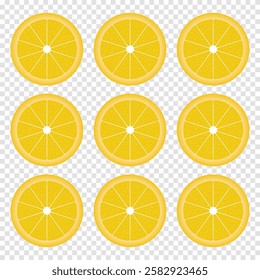 Lemon icon set. Lemon vector, icon isolated on transparent background. Bright yellow peel sliced lemon cartoon. Citrus fruit symbol logo website design. Vector illustration. EPS 10