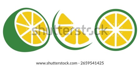 Lemon icon symbol. Fresh Lemon Vector Illustration. Half lemon fruit vector, lemonade juice, vitamin C. Fresh green cut citrus icon. Vector illustration.