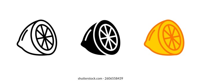 Lemon icon. Yellow lemon slice vector illustration with detailed segments. Fresh citrus fruit symbol for healthy diet, tropical drinks and natural vitamin C source.
