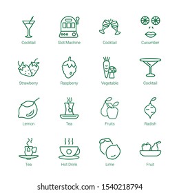 lemon icons. Editable 16 lemon icons. Included icons such as Cocktail, Slot machine, Cucumber, Strawberry, Raspberry, Vegetable, Lemon, Tea, Fruits. trendy icons for web.