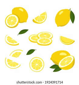 Lemon icons set. Bright whole fruit, half, slices with leaves. Food for a healthy diet, dessert, sweet lemonade products. Elements for spring and summer design. Vector illustration