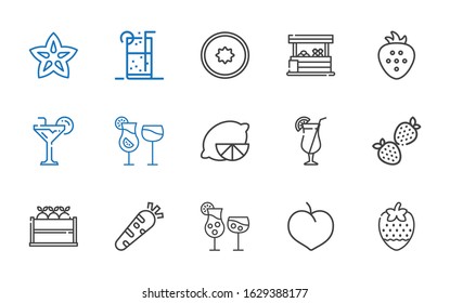 lemon icons set. Collection of lemon with strawberry, plum, cocktails, healthy food, fruit, cocktail, vegetables, kiwi, soft drink, carambola. Editable and scalable lemon icons.