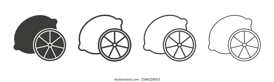 Lemon icons set. Liner outlined and flat black color