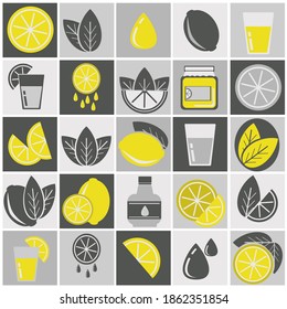 Lemon icons set, on gray background. whole fruit and half, with and without leaves, options for use in the form of jam or juice. vector illustration