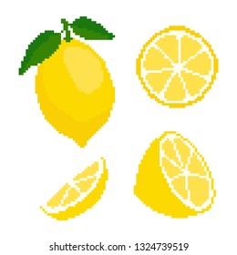 Iconos de limón. Arte Pixel. Estilo gráfico de computadora de la vieja escuela. Elementos de juegos.