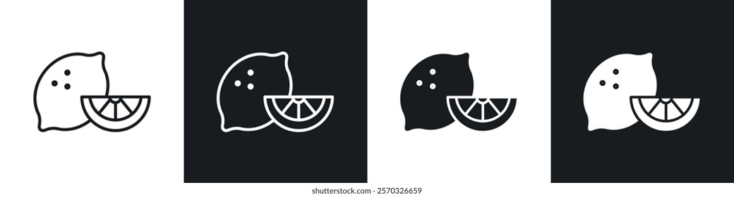 Lemon icons vectors set in black. line and flat versions