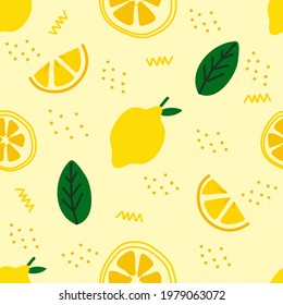 Lemon illustration in doodle style seamless pattern on light yellow background for wallpaper, fashion print, gift wrapping paper etc.