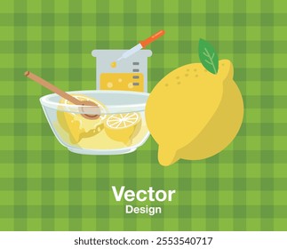 lemon ingredient extract experiment laboratory expert beaker dropper green check art design template vector element decoration abstract editable banner cover pattern concept illustration 