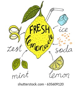 Lemon with inscription inside fresh lemonade, lemon peel, ice cube, mint leaves, cocktail, gas bubbles, lemon slice, drawing in sketch styles, lettering