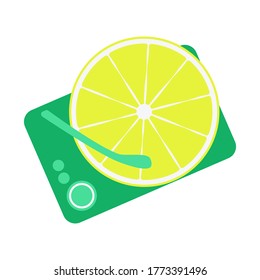 Lemon instead of a record, a disc on the player. Summer concept. Colorful vector illustration in flat style isolated on white background.