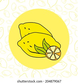 lemon isolate in yellow circle in lemon pattern background