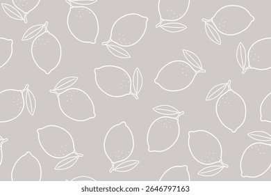 Limão isolado em um fundo bege. Desenho de contorno branco. Padrão perfeito sob a máscara de corte, conveniente para edição. Fundo de frutas para papel, têxtil, envoltório de presente.
