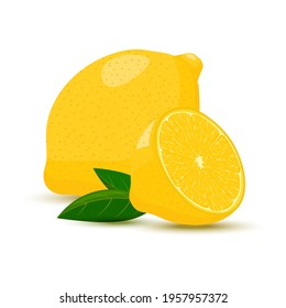 Lemon isolated on white background. Lemon fruits whole and half with leaves. Cartoon style, flat design.