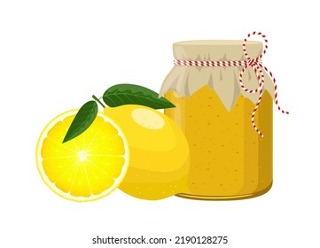 Lemon jam or confiture jar in rustic style, homemade fruit berry preserve, vector illustration on white background