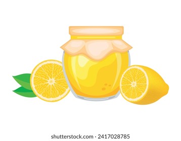 Embutido de limón en frasco de vidrio y ilustración vectorial de limones frescos. Vidrio de diseño de mermelada de limón. Icono de tarro de limón curado aislado en fondo blanco