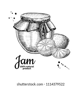 Lemon jam glass jar vector drawing.  Fruit Jelly and marmalade.  Hand drawn food illustration. Sketch style vintage objects for label, icon, packaging design.
