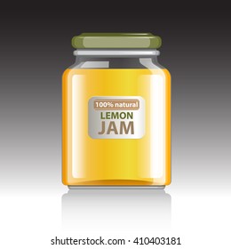 Lemon Jam Jar. Transparent glossy glass bottle with homemade Marmalade. Organic Canned Fruits. Citrus fresh juice. Vector illustration. Label for jam.