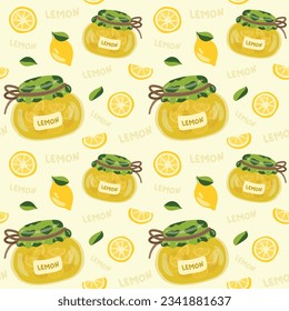 Lemon jam jars, lemons and leaves seamless pattern. Hand drawn vector illustration. Suitable for web background, gift paper, fabric or textile.