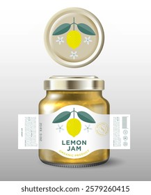 Lemon Jam label and packaging. Glass jar mockup with golden lid and label.