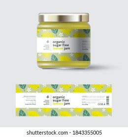 Lemon jam label and packaging. Jar with cap with label. White strip with text and on seamless pattern with fruits, flowers and leaves.