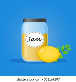 Lemon Jam on blue  background. Cartoon vector isolated icon. Jam with lemon