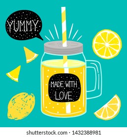 lemon, jar with lemonade, lemon slice, speech bubbles with handwritten lettering