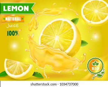 Lemon juice advertising Citrus with realistic fresh fruit. Vector ads design packaging