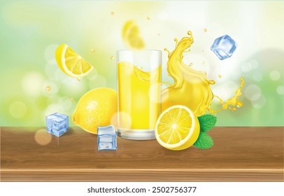 Publicidad de jugo de limón, vaso para beber, salpicaduras, rebanada de fruta, cubitos de hielo y gotas en la mesa de madera. Anuncios de limonada. Ilustración de embalaje de bebidas cítricas