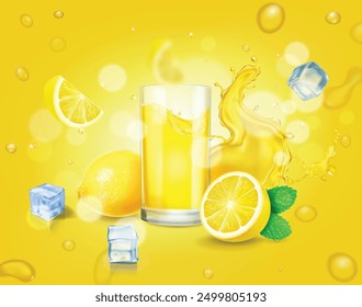 Lemon juice advertising. Fresh lemonade banner with lemon fruit, splash and drinking glass. Citrus beverage. Vector ads design packaging on yellow background