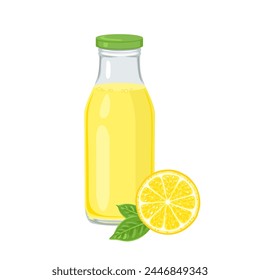 Lemon juice in bottle and citrus slice isolated on white background. Vector cartoon illustration of fresh healthy drink.