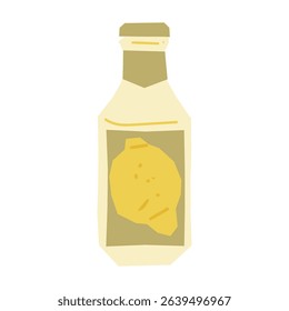 Lemon Juice Bottle Illustration. Simple bottle with lemon label in flat minimal style, beige and yellow color palette, isolated on white background.