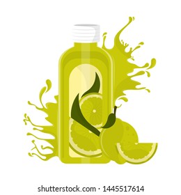 Lemon juice bottle with splash and fruit- Vector