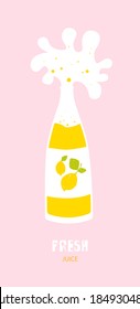 A lemon juice bottle with splash on pink background. Flat design. Vector cartoon banner.