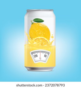 Lemon juice can with a weight scale. Diet concept. Vector.
